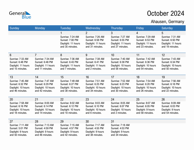 Ahausen October 2024 sunrise and sunset calendar in PDF, Excel, and Word