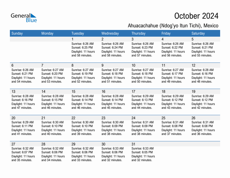 Ahuacachahue (Ndog'yo Itun Tichi) October 2024 sunrise and sunset calendar in PDF, Excel, and Word