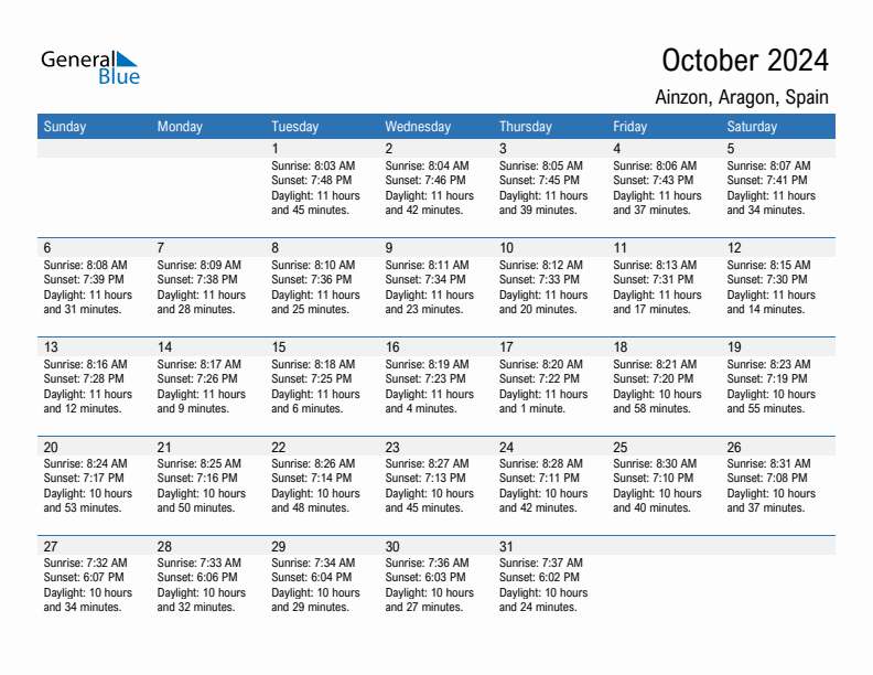 Ainzon October 2024 sunrise and sunset calendar in PDF, Excel, and Word