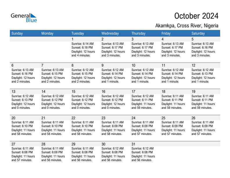 Akamkpa October 2024 sunrise and sunset calendar in PDF, Excel, and Word