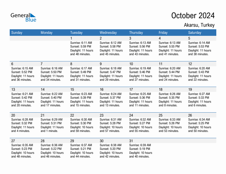 Akarsu October 2024 sunrise and sunset calendar in PDF, Excel, and Word