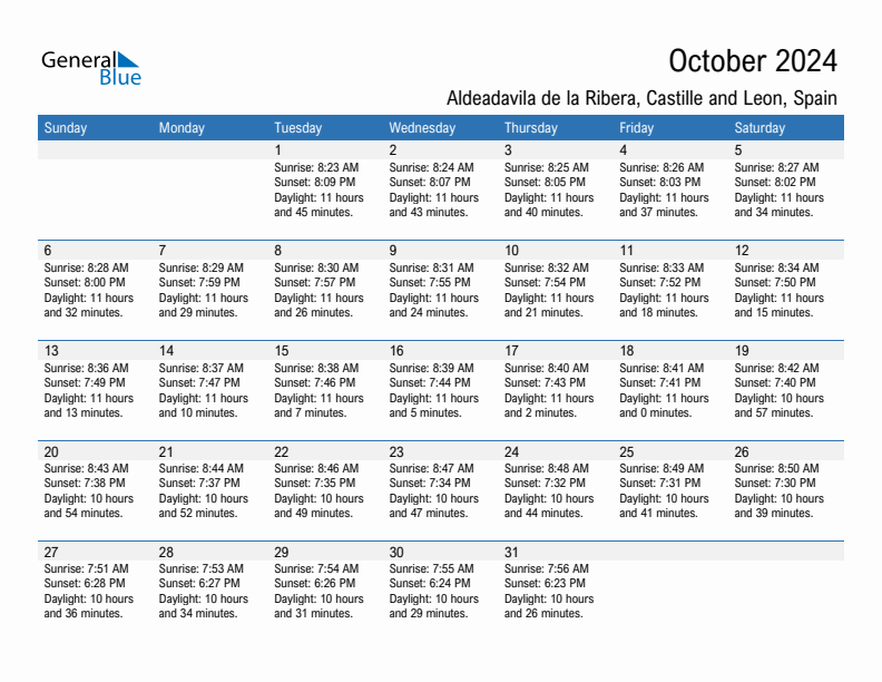 Aldeadavila de la Ribera October 2024 sunrise and sunset calendar in PDF, Excel, and Word