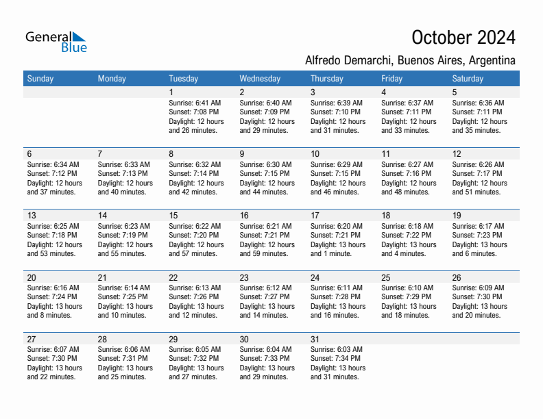 Alfredo Demarchi October 2024 sunrise and sunset calendar in PDF, Excel, and Word