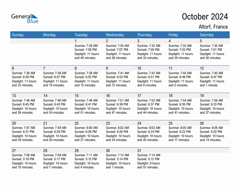 Altorf October 2024 sunrise and sunset calendar in PDF, Excel, and Word