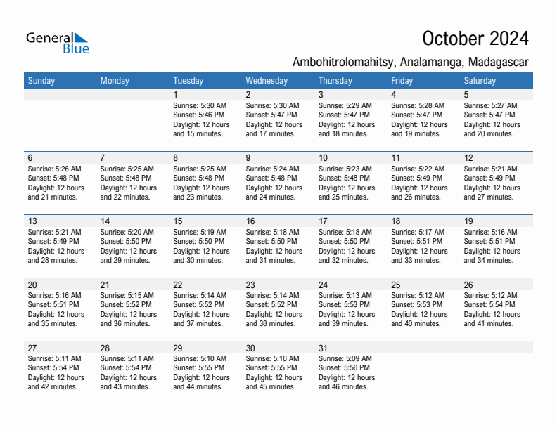 Ambohitrolomahitsy October 2024 sunrise and sunset calendar in PDF, Excel, and Word