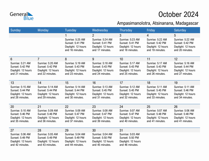 Ampasimanolotra October 2024 sunrise and sunset calendar in PDF, Excel, and Word