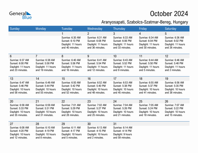 Aranyosapati October 2024 sunrise and sunset calendar in PDF, Excel, and Word