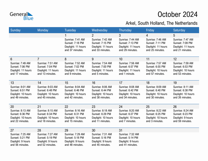 Arkel October 2024 sunrise and sunset calendar in PDF, Excel, and Word