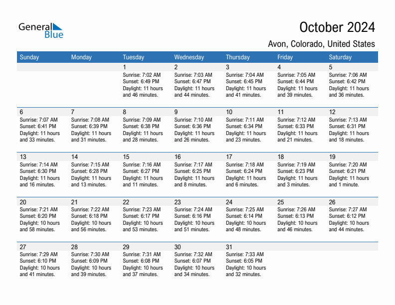 Avon October 2024 sunrise and sunset calendar in PDF, Excel, and Word