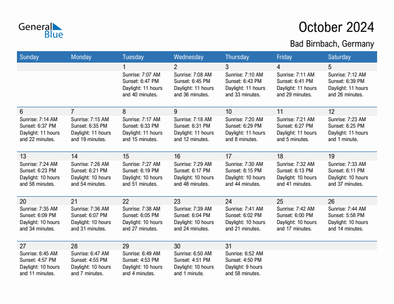 Bad Birnbach October 2024 sunrise and sunset calendar in PDF, Excel, and Word