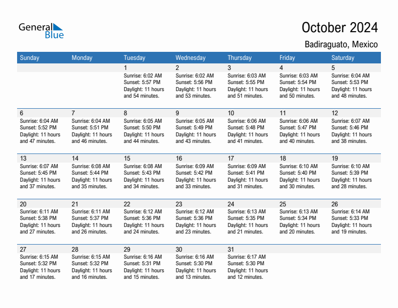 Badiraguato October 2024 sunrise and sunset calendar in PDF, Excel, and Word