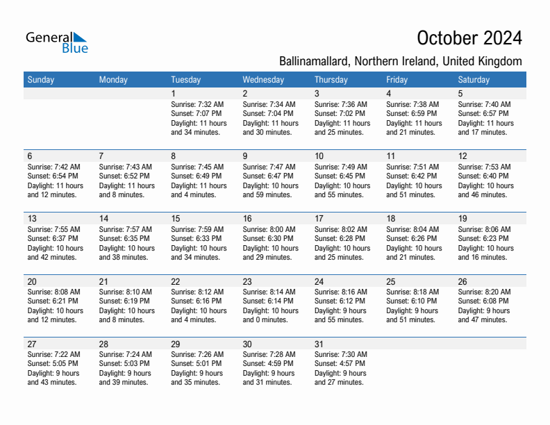 Ballinamallard October 2024 sunrise and sunset calendar in PDF, Excel, and Word