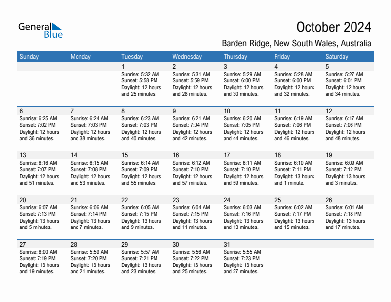 Barden Ridge October 2024 sunrise and sunset calendar in PDF, Excel, and Word