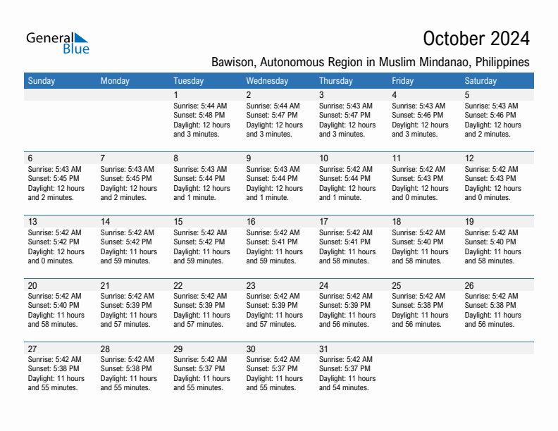 Bawison October 2024 sunrise and sunset calendar in PDF, Excel, and Word