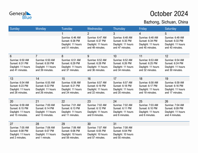 Bazhong October 2024 sunrise and sunset calendar in PDF, Excel, and Word