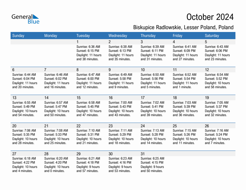 Biskupice Radlowskie October 2024 sunrise and sunset calendar in PDF, Excel, and Word