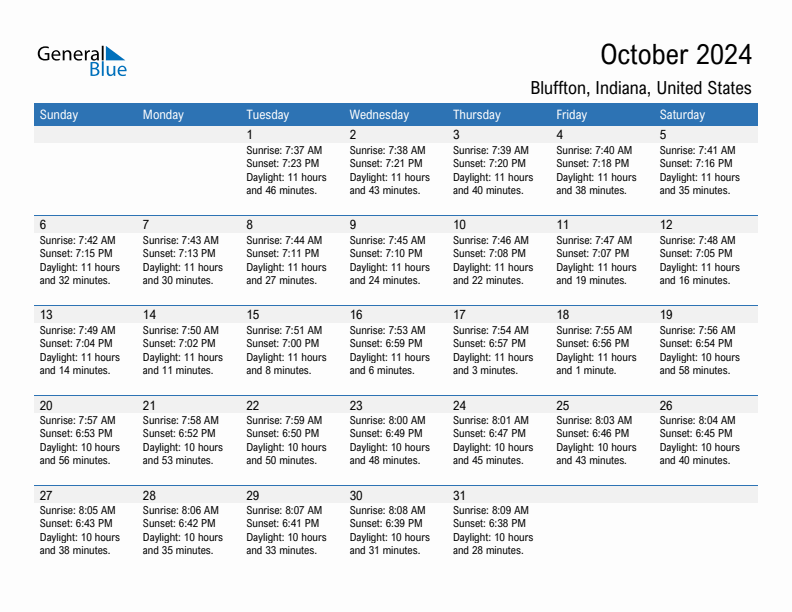 Bluffton October 2024 sunrise and sunset calendar in PDF, Excel, and Word