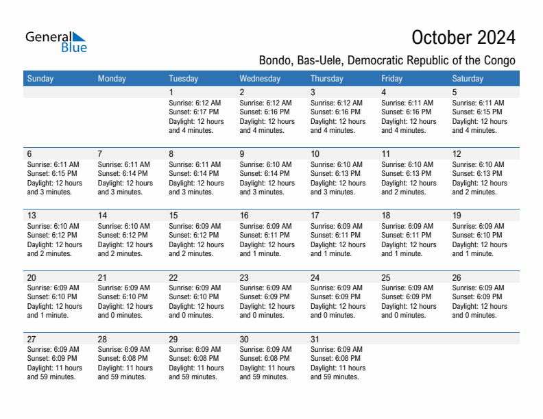 Bondo October 2024 sunrise and sunset calendar in PDF, Excel, and Word