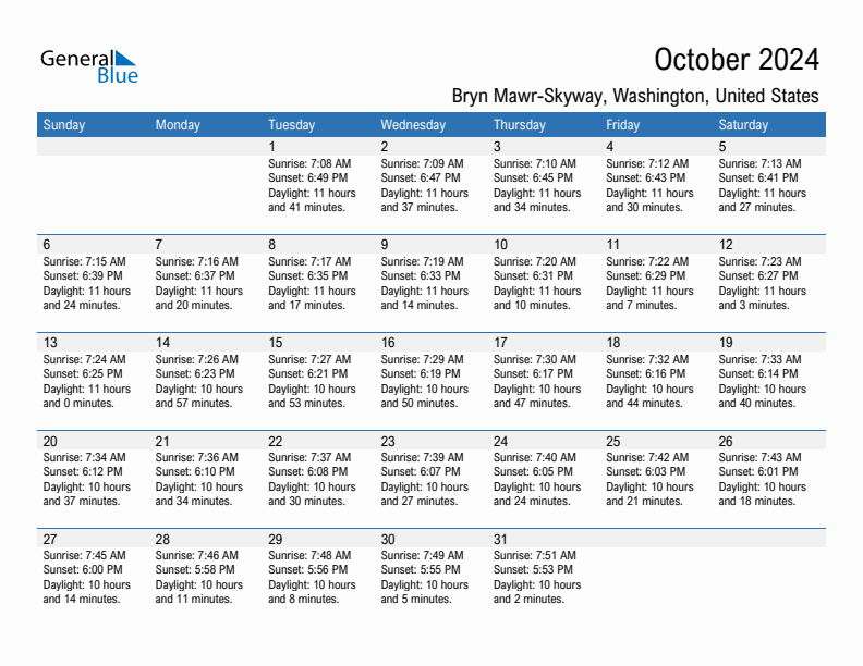 Bryn Mawr-Skyway October 2024 sunrise and sunset calendar in PDF, Excel, and Word