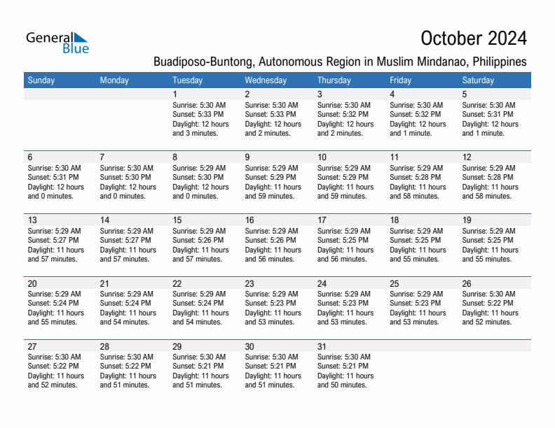 Buadiposo-Buntong October 2024 sunrise and sunset calendar in PDF, Excel, and Word