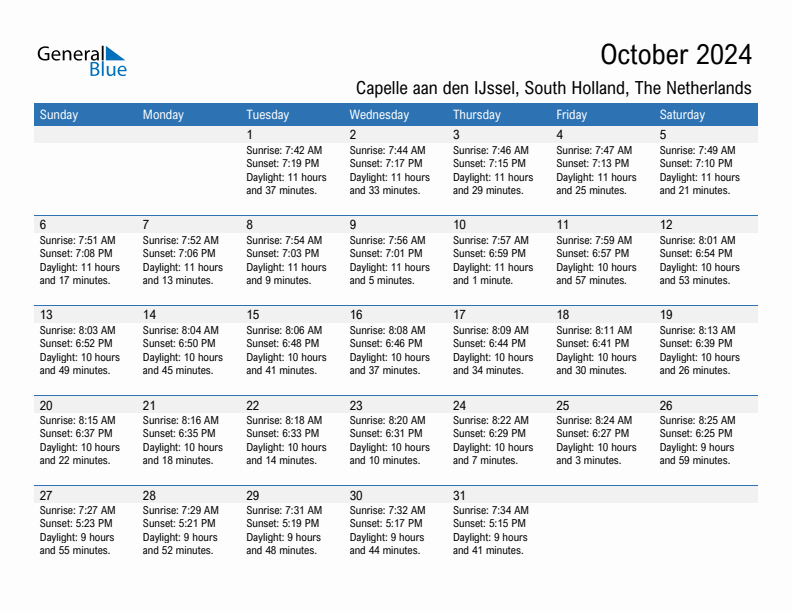 Capelle aan den IJssel October 2024 sunrise and sunset calendar in PDF, Excel, and Word