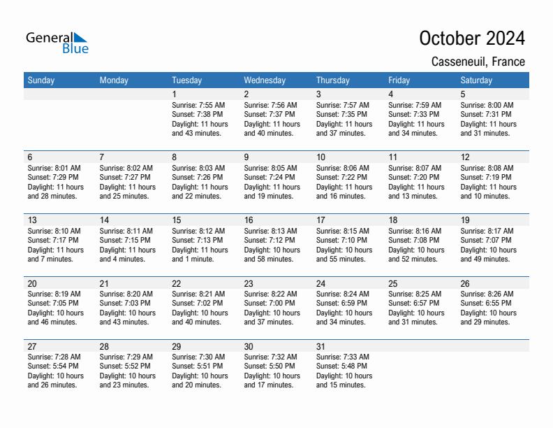 Casseneuil October 2024 sunrise and sunset calendar in PDF, Excel, and Word