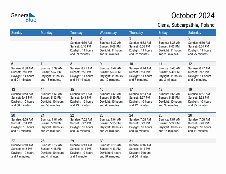 Cisna October 2024 sunrise and sunset calendar in PDF, Excel, and Word