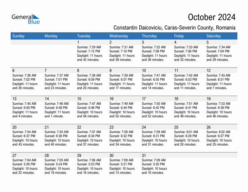 Constantin Daicoviciu October 2024 sunrise and sunset calendar in PDF, Excel, and Word