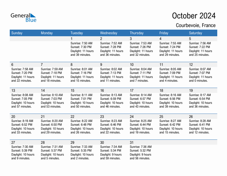 Courbevoie October 2024 sunrise and sunset calendar in PDF, Excel, and Word