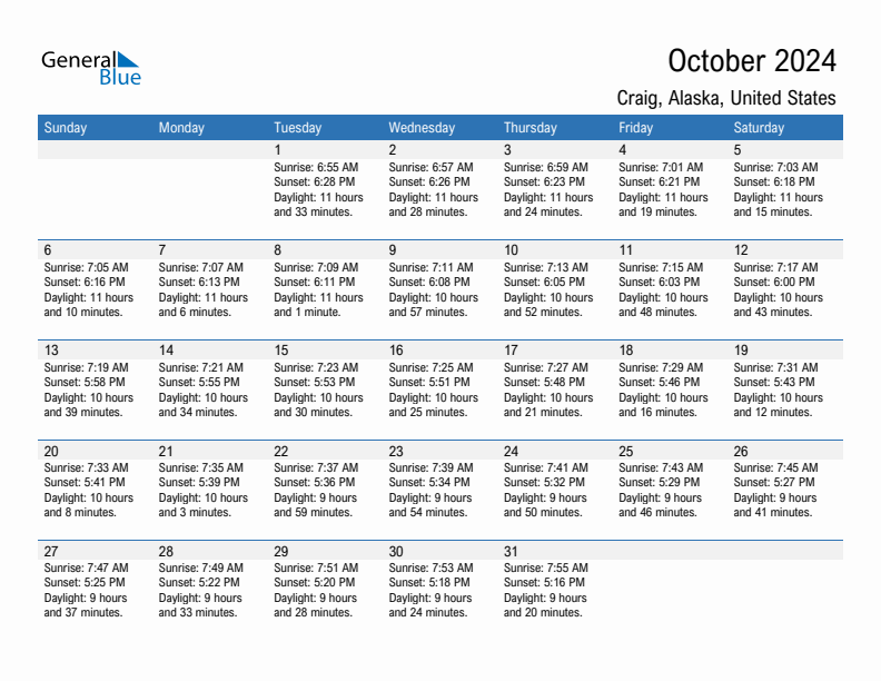 Craig October 2024 sunrise and sunset calendar in PDF, Excel, and Word