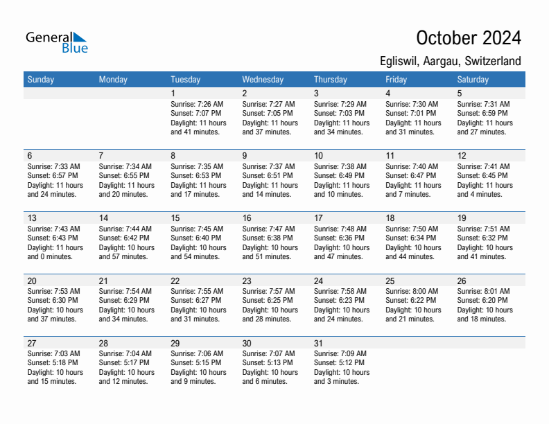 Egliswil October 2024 sunrise and sunset calendar in PDF, Excel, and Word