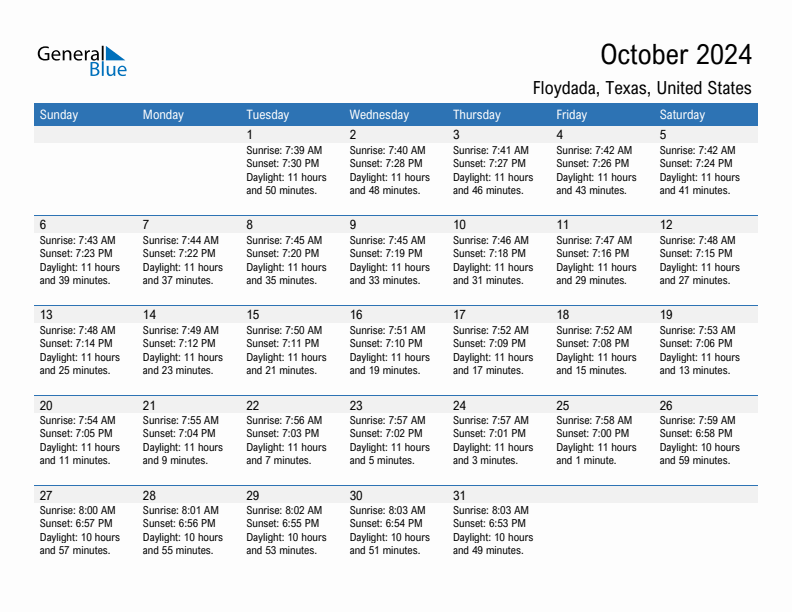 Floydada October 2024 sunrise and sunset calendar in PDF, Excel, and Word