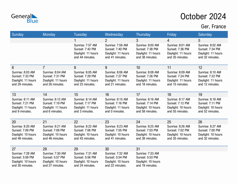 Ger October 2024 sunrise and sunset calendar in PDF, Excel, and Word