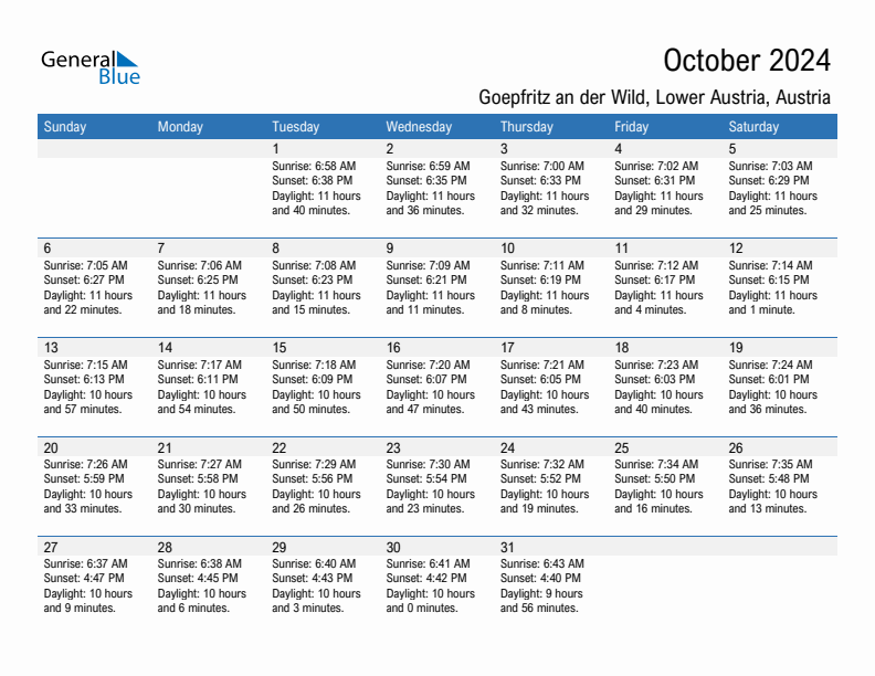 Goepfritz an der Wild October 2024 sunrise and sunset calendar in PDF, Excel, and Word