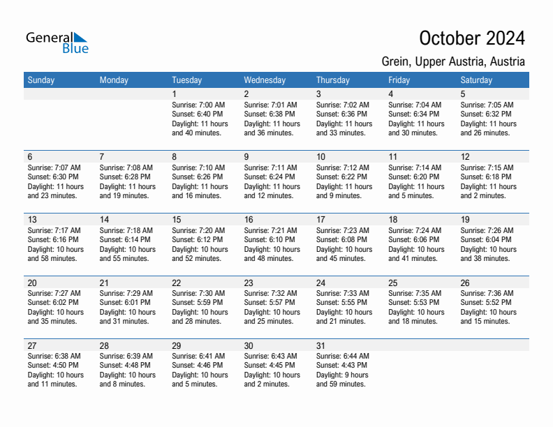 Grein October 2024 sunrise and sunset calendar in PDF, Excel, and Word