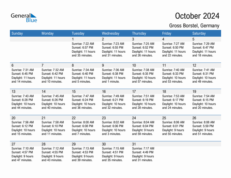 Gross Borstel October 2024 sunrise and sunset calendar in PDF, Excel, and Word