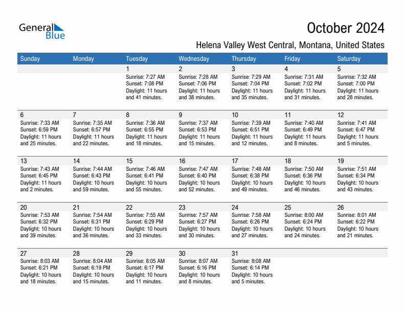 Helena Valley West Central October 2024 sunrise and sunset calendar in PDF, Excel, and Word