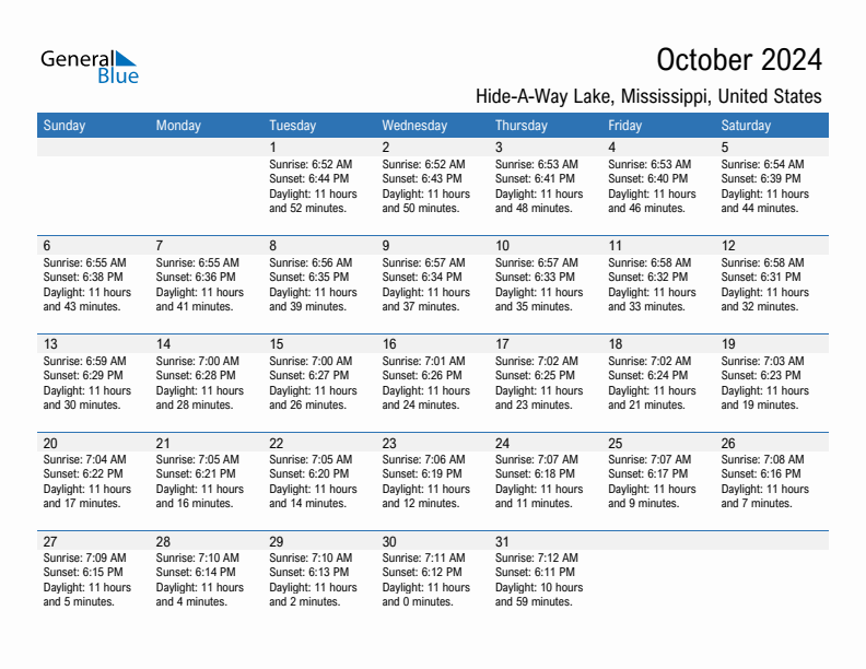 Hide-A-Way Lake October 2024 sunrise and sunset calendar in PDF, Excel, and Word