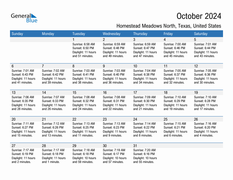 Homestead Meadows North October 2024 sunrise and sunset calendar in PDF, Excel, and Word