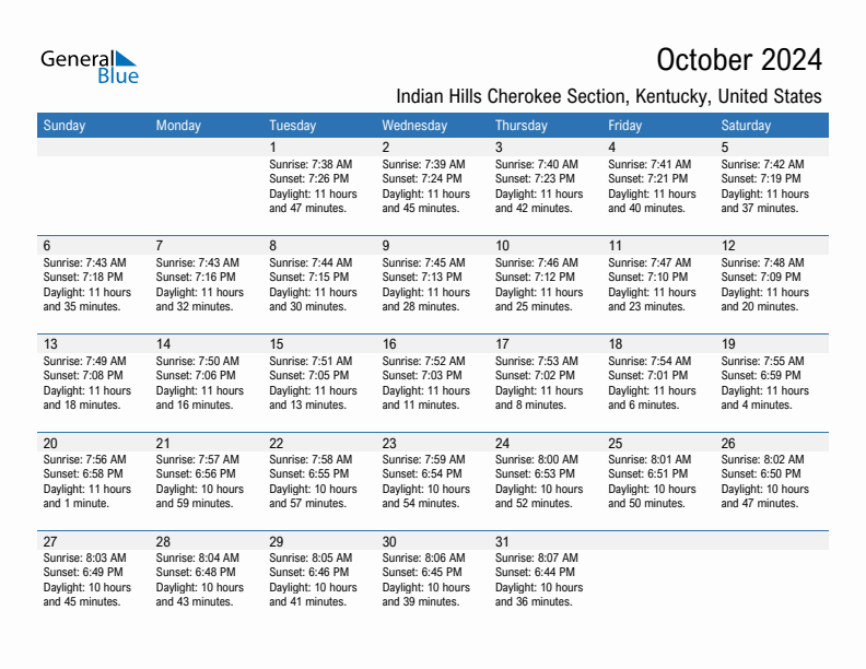 Indian Hills Cherokee Section October 2024 sunrise and sunset calendar in PDF, Excel, and Word