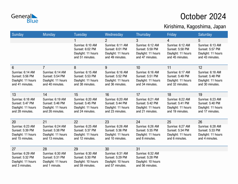 Kirishima October 2024 sunrise and sunset calendar in PDF, Excel, and Word