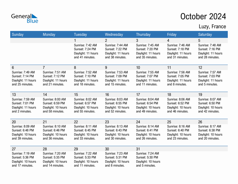 Luzy October 2024 sunrise and sunset calendar in PDF, Excel, and Word