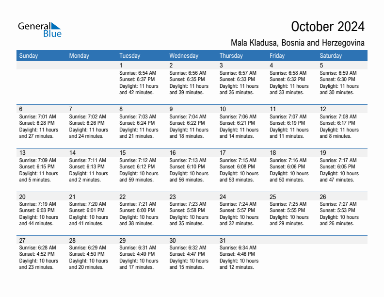 Mala Kladusa October 2024 sunrise and sunset calendar in PDF, Excel, and Word