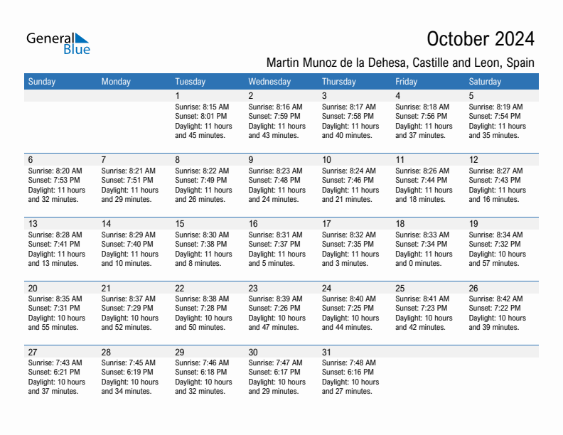 Martin Munoz de la Dehesa October 2024 sunrise and sunset calendar in PDF, Excel, and Word