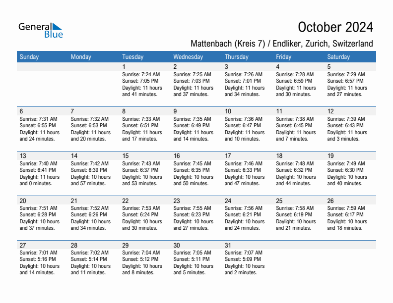 Mattenbach (Kreis 7) / Endliker October 2024 sunrise and sunset calendar in PDF, Excel, and Word