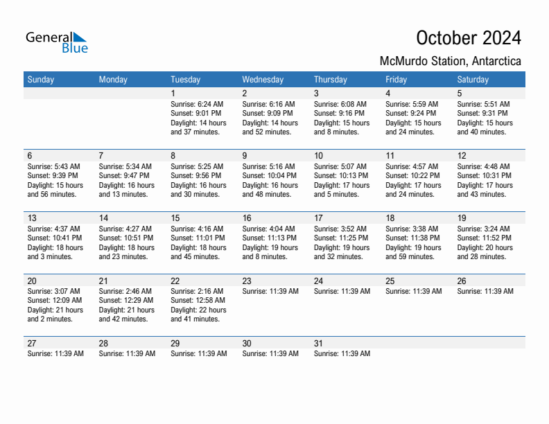 McMurdo Station October 2024 sunrise and sunset calendar in PDF, Excel, and Word