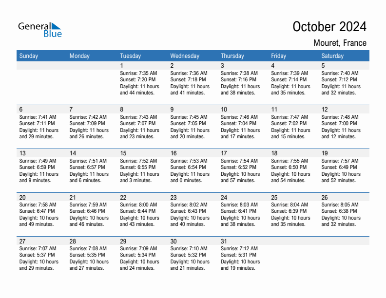 Mouret October 2024 sunrise and sunset calendar in PDF, Excel, and Word