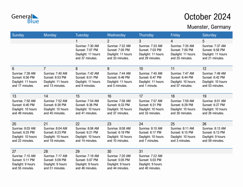 Muenster October 2024 sunrise and sunset calendar in PDF, Excel, and Word