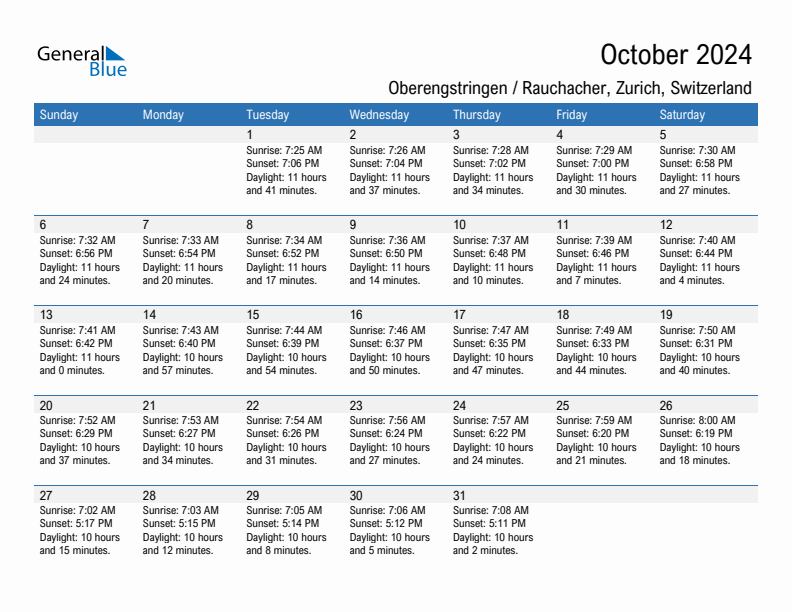 Oberengstringen / Rauchacher October 2024 sunrise and sunset calendar in PDF, Excel, and Word