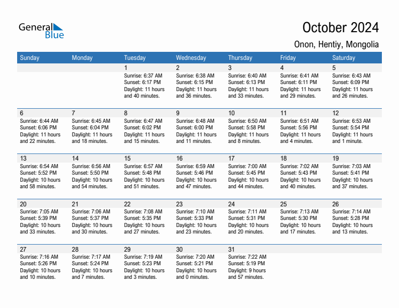 Onon October 2024 sunrise and sunset calendar in PDF, Excel, and Word